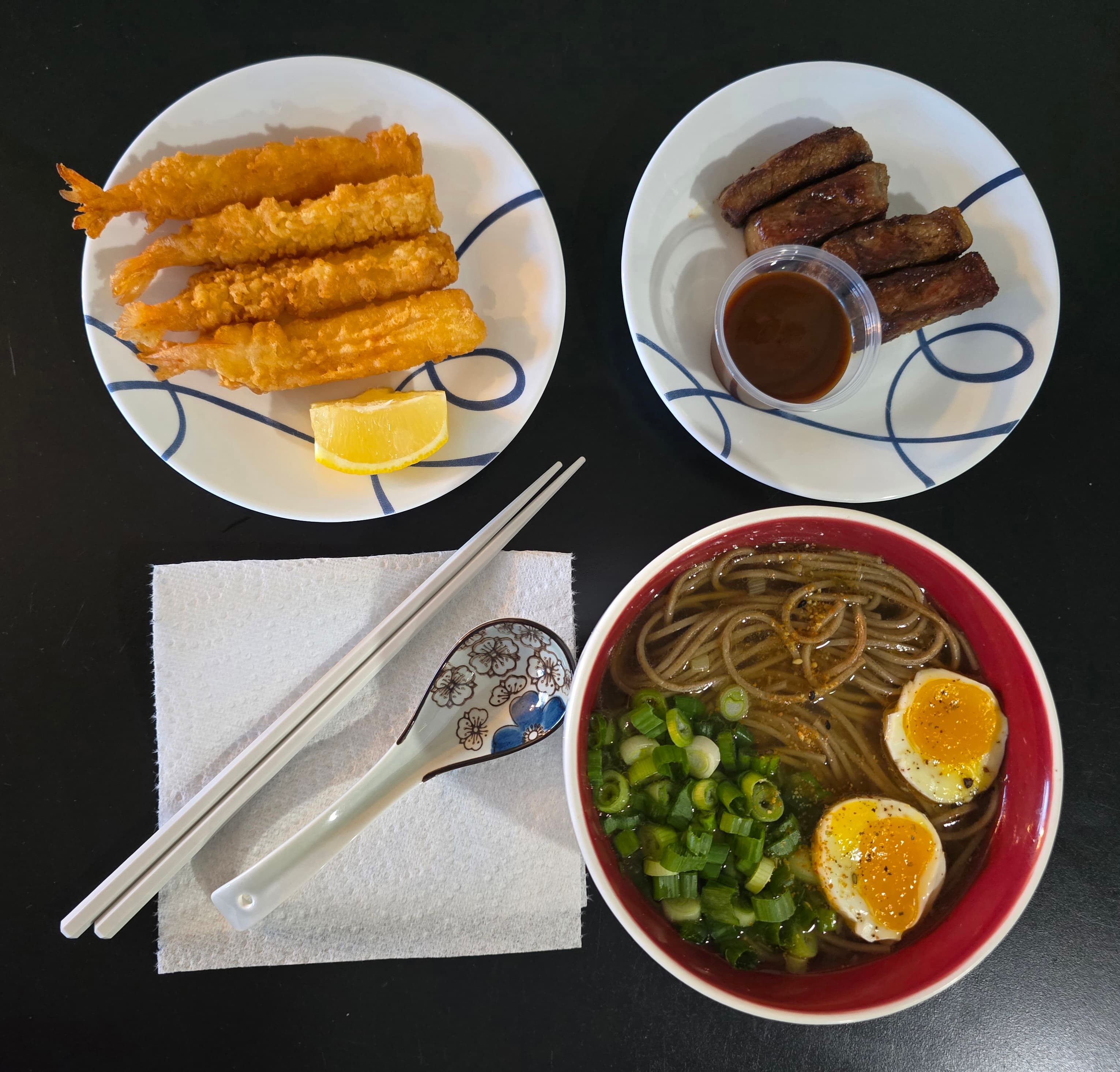 Soba soup with steak and shrimp
